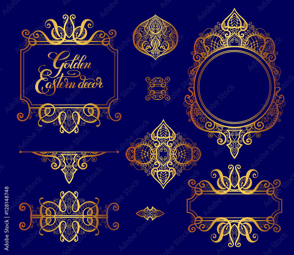 set of floral golden eastern decor frame elements, paisley patte set of floral golden eastern decor frame elements, paisley patte