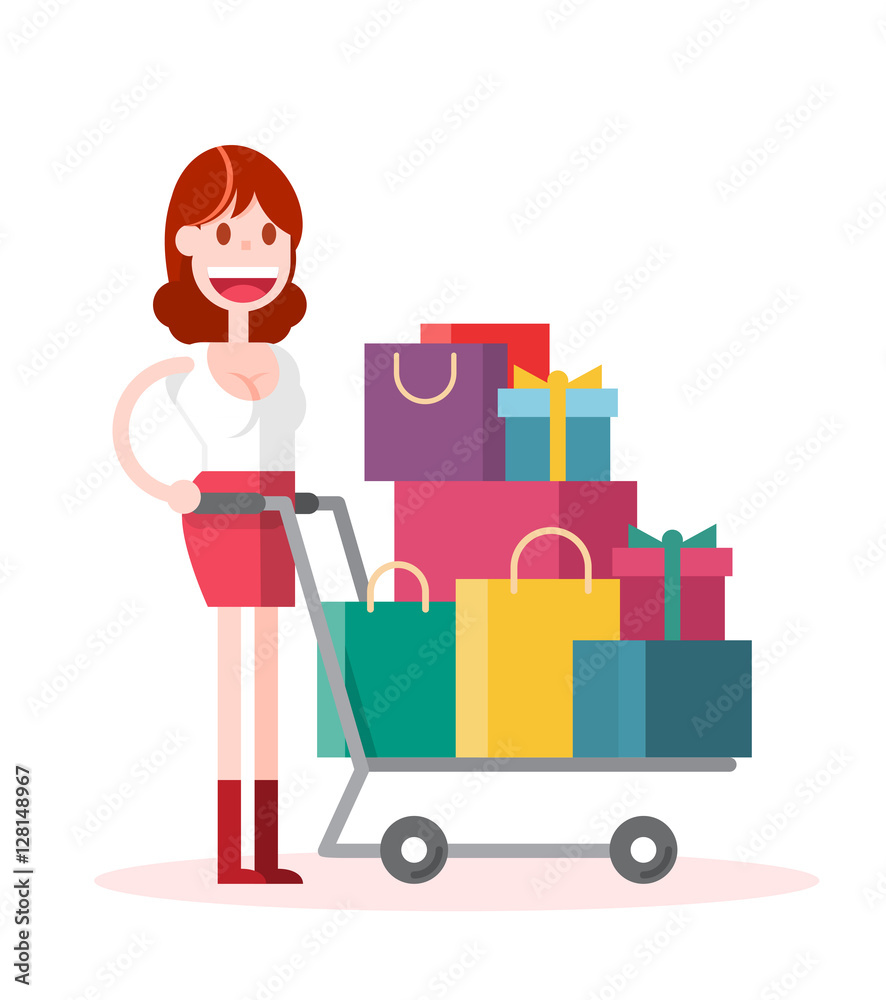 Flat Girl Shopping on White Background. Isolated Flat Vector Illustration. Flat Girl Shopping on White Background. Isolated Flat Vector Illustration.