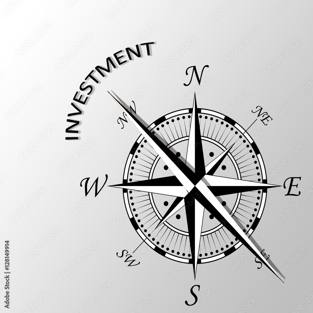 Illustration of Investment written aside compass Illustration of Investment written aside compass