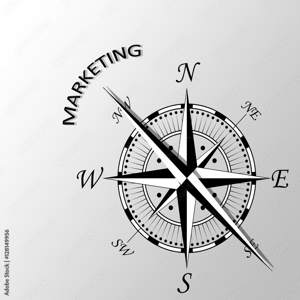 Illustration of marketing written aside compass Illustration of marketing written aside compass