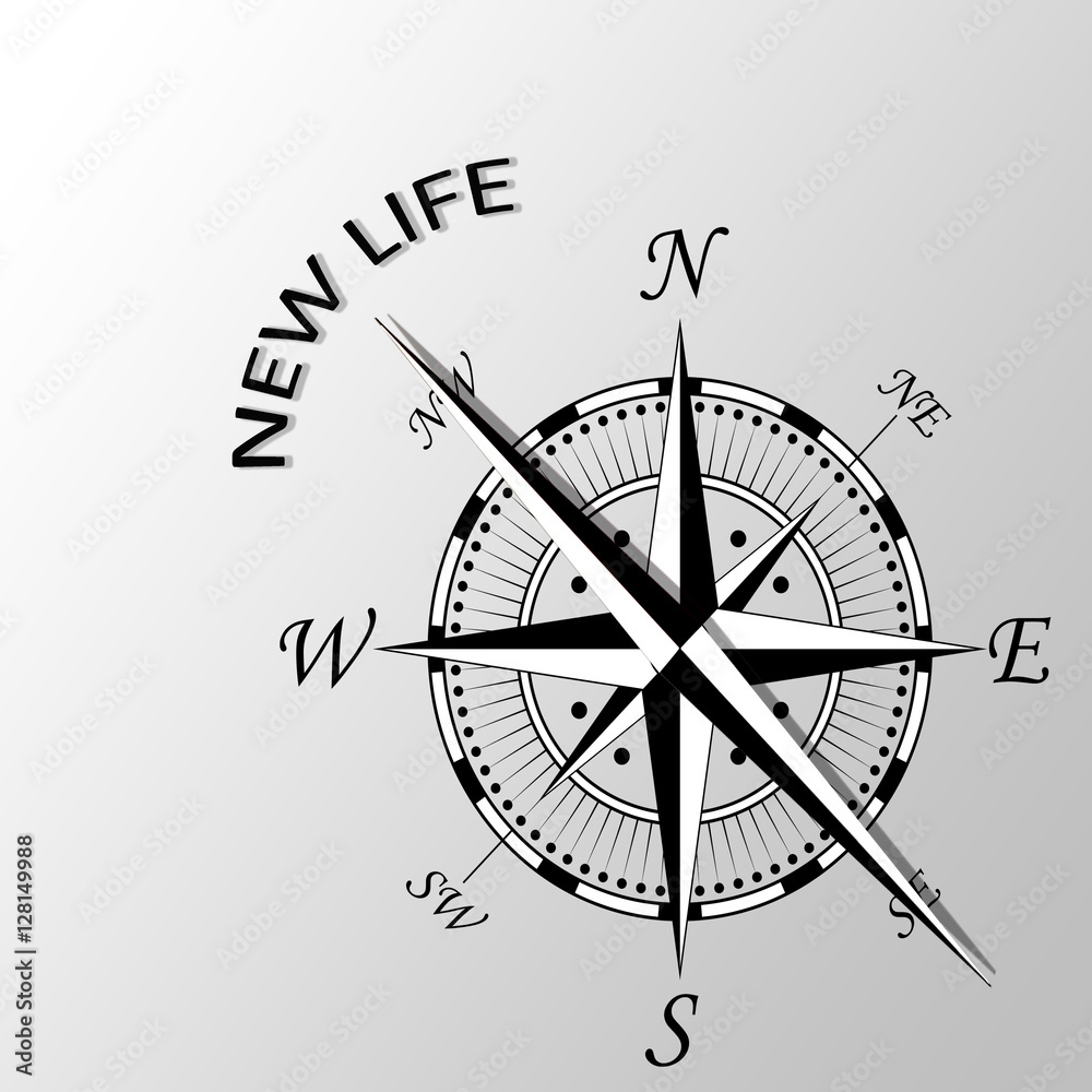 Illustration of new life written aside compass Illustration of new life written aside compass