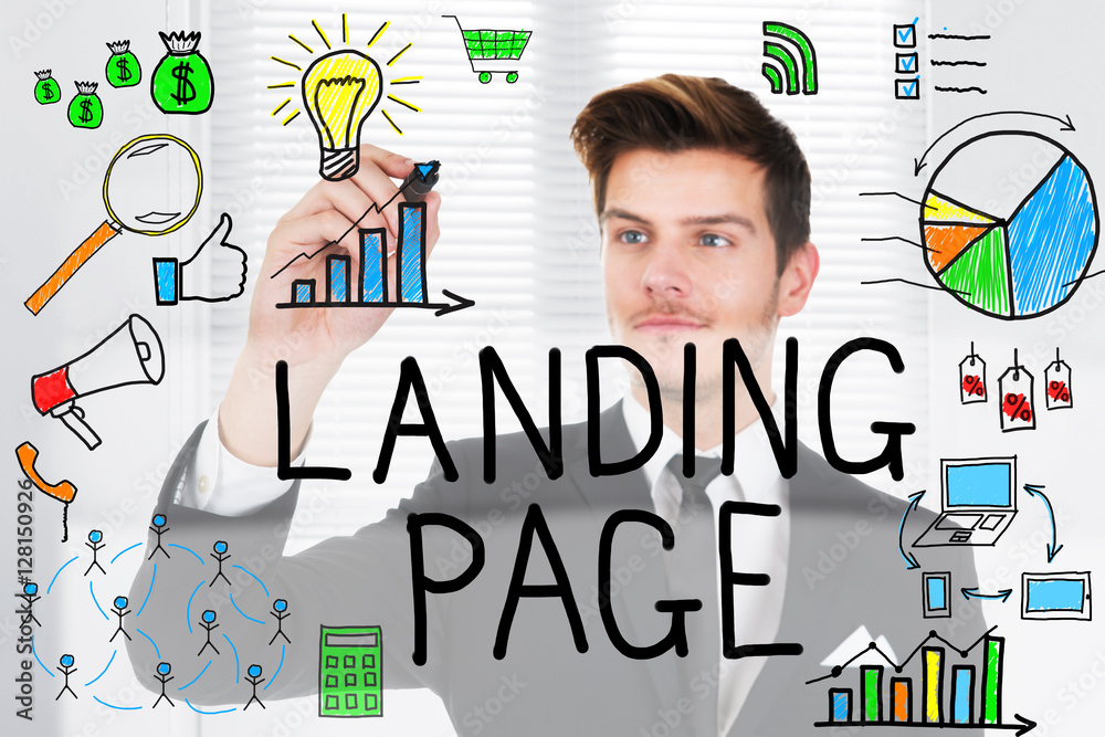 Businessman Drawing The Concept Of Landing Page On Glass Businessman Drawing The Concept Of Landing Page On Glass