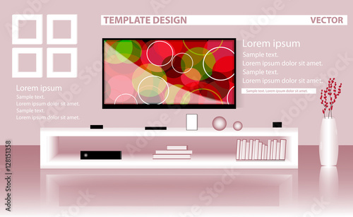 Modern bright room with flat TV set, low shelf. Graphic template. Mock up. Vector illustration.