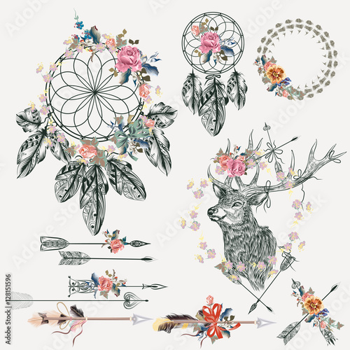 Boho elements collection. Deer, arrows, dreamcatcher, feathers a