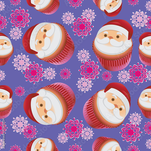 Pattern with cupcake Santa Claus. Seamless pattern on light purple background with snowflakes. For textile, wrapping Christmas desserts. 