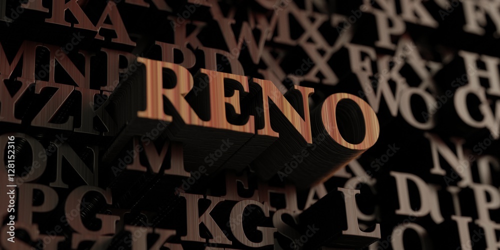 Reno - Wooden 3D rendered letters/message.  Can be used for an online banner ad or a print postcard.