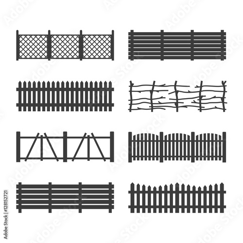 Set Wooden different garden fences. Rural fencing wood boards construction