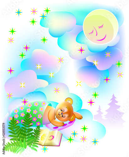 Fotografija Illustration of teddy bear sleeping and dreaming at night, vector cartoon image