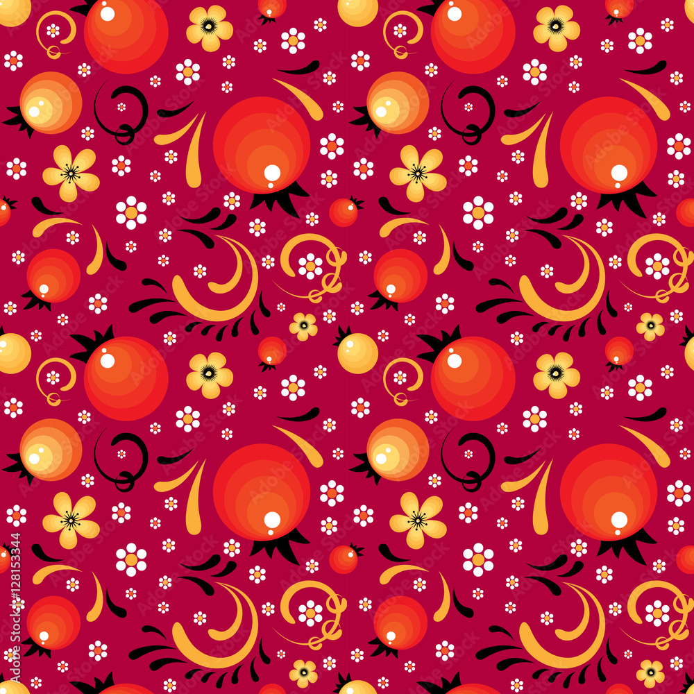 Red Currant floral pattern like a Khokhloma style