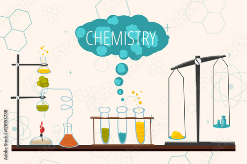 Colorful illustration with scientific instruments and equipment for research. Vector