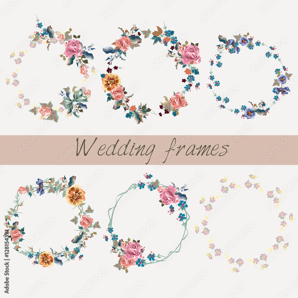 Set of wedding floral frames in watercolor style for design
