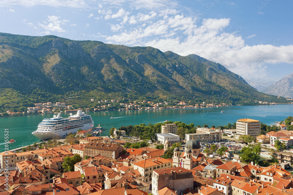 View of Kotor city and Boka Kotorska Bay on a sunny autumn day. Montenegro