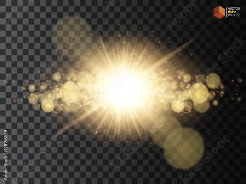 Transparent Golden Glow light effect. Star burst with sparkles