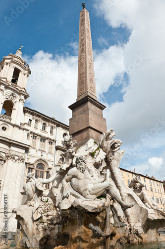 Fontana dei Quattro Fiumi (Fountain of the Four Rivers) and Sant' Agnese in Agone, Piazza Navona, Rome, Italy