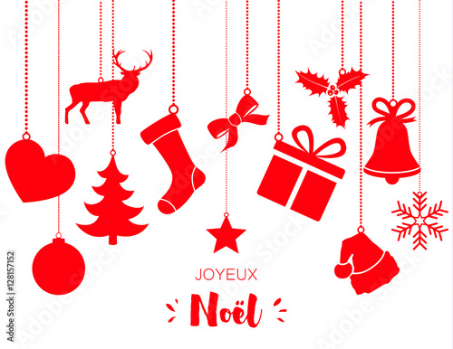 Carte de vœux avec décorations de Noël suspendues