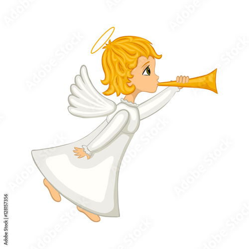 Christmas angel blowing a horn. Isolated cartoon cute angel on a white background. Vector illustration.