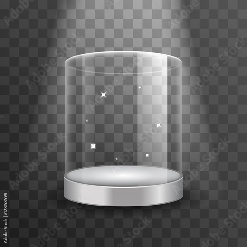 Clean glass showcase podium with spotlight and sparks vector illustration