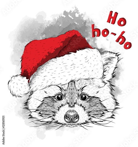 The christmas poster with the image raccoon portrait in Santa's hat. Hand draw vector illustration.