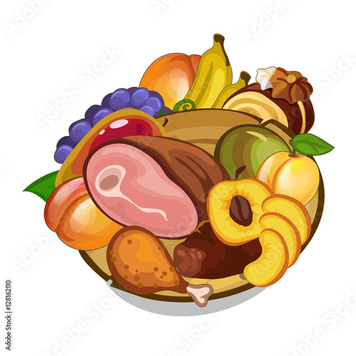 Vector set of meat and fruits on plate
