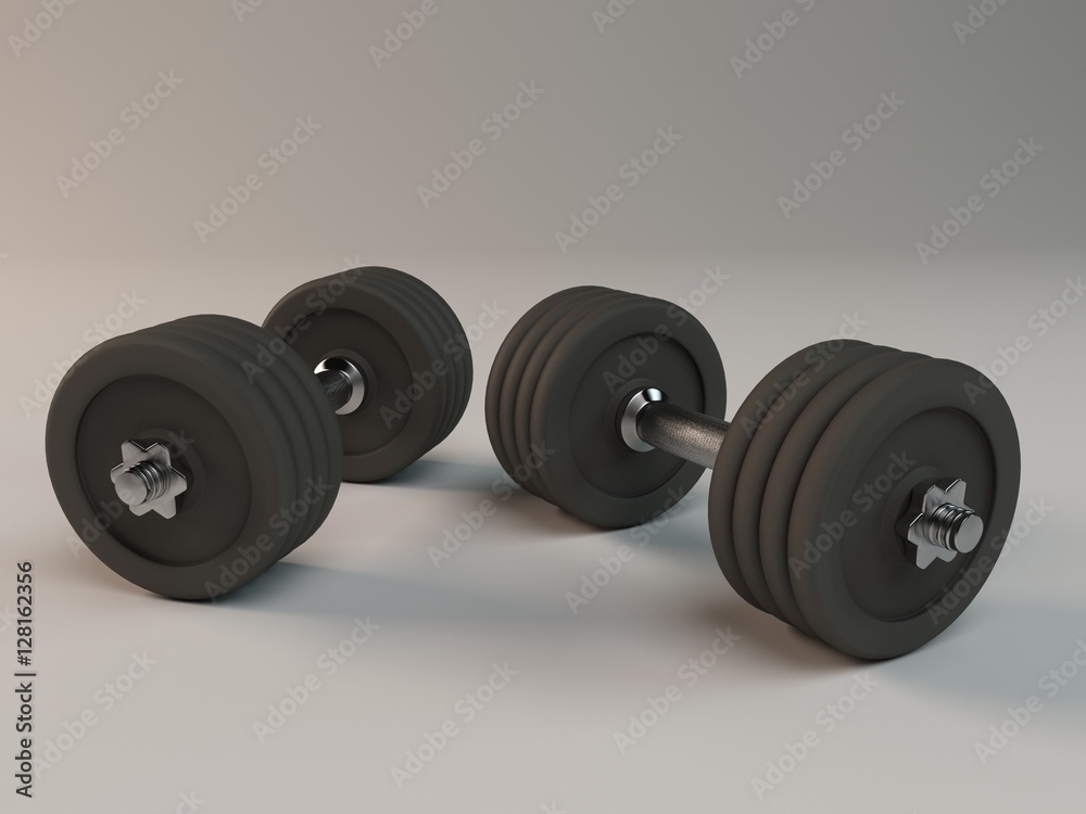 Metal dumbbell.Isolated on white background.3D rendering illustration. Metal dumbbell.Isolated on white background.3D rendering illustration.