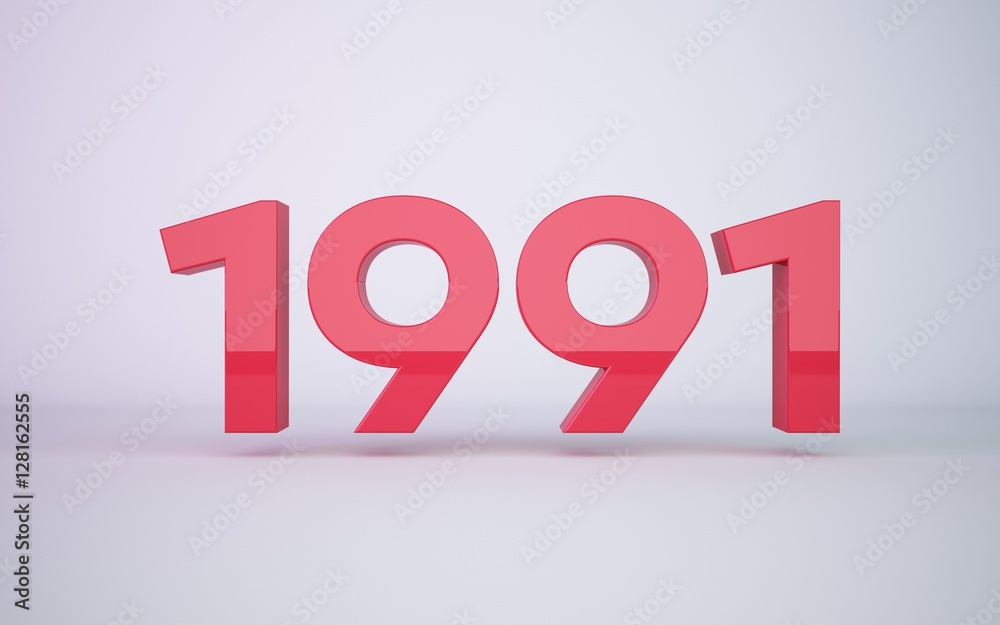 3d rendering red year 1990 on white background