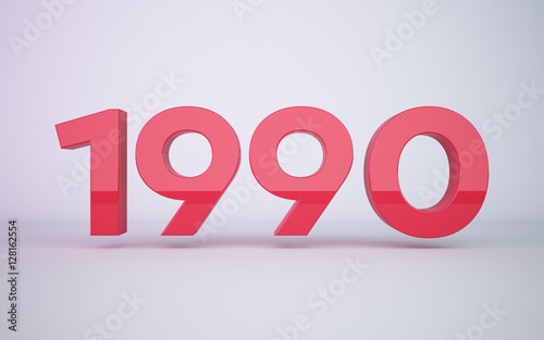 3d rendering red year 1990 on white background