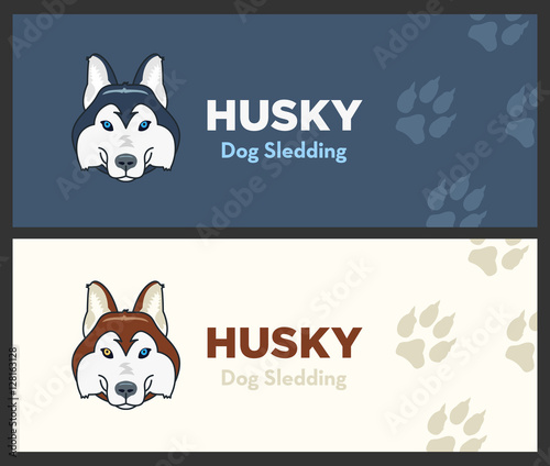 Husky head flat logo vector set. Husky dog sledding. Dog footprints on background.