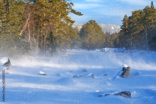 Blowing snow at moraine valley in mountain forest.