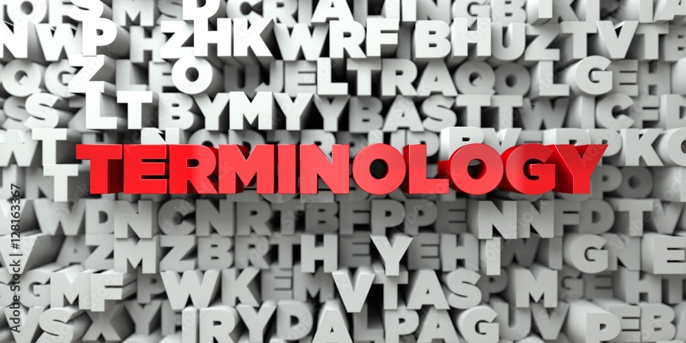 TERMINOLOGY -  Red text on typography background - 3D rendered royalty free stock image. This image can be used for an online website banner ad or a print postcard. - obrazy, fototapety, plakaty 