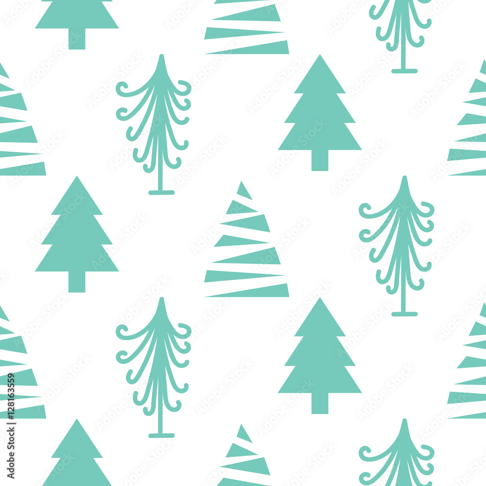 Christmas trees seamless vector pattern. Mint green fir-tree scrapbook paper design. White background. Christmas trees seamless vector pattern. Mint green fir-tree scrapbook paper design. White background.