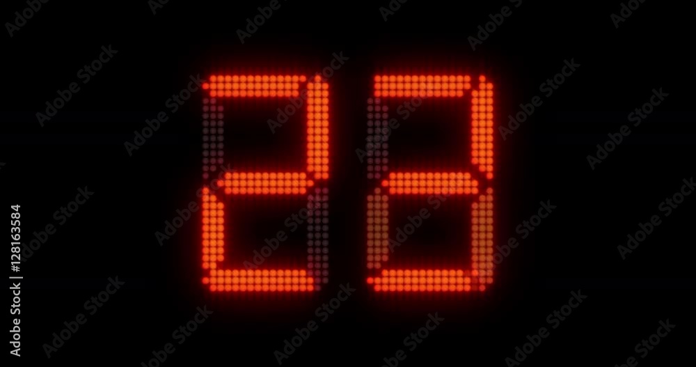 Sports shot clock countdown from 27 to 0. Glowing LED digits with afterglow.