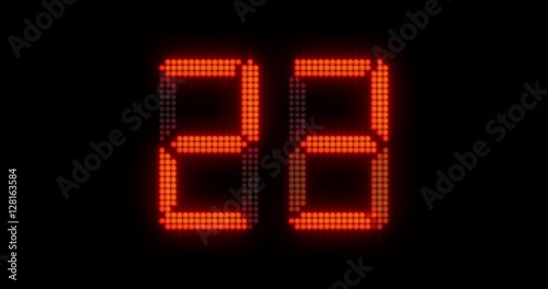 Sports shot clock countdown from 27 to 0. Glowing LED digits with afterglow.