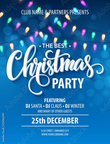 Christmas party invitation poster with hand lettering label merry christmas with shiny garland on blackboard. Vector illustration