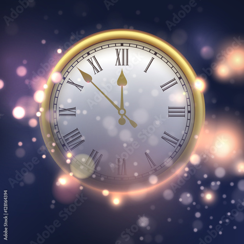 Happy New Year background with clock. Vector illustration