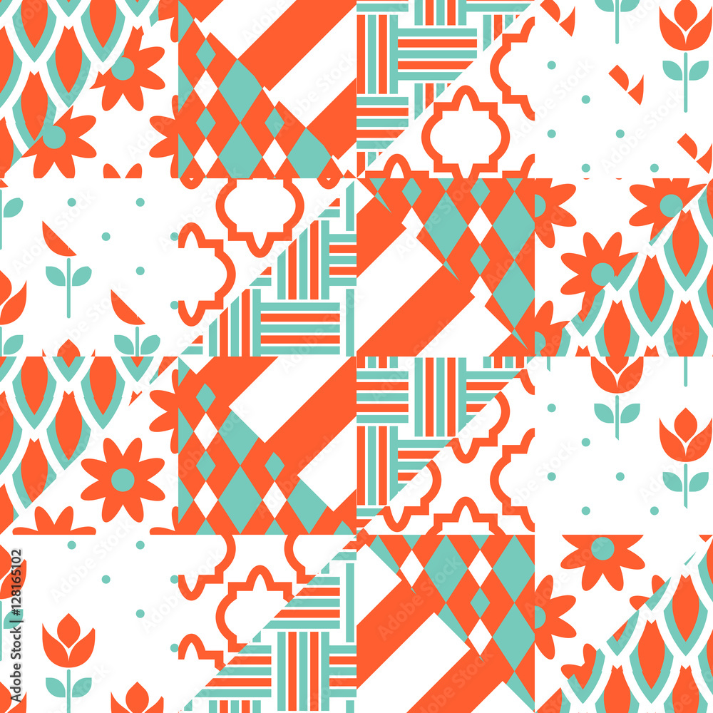Red and green patchwork vector pattern. Triangle patch quilt background.