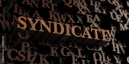 Syndicate - Wooden 3D rendered letters/message. Can be used for an online banner ad or a print postcard.