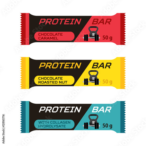 Different protein bars, sport collagen supplement in flat style.