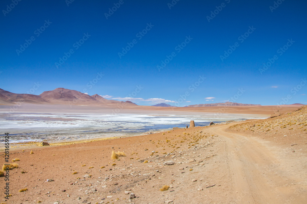 Desert and mountain over blue sky and white clouds on Altiplano,Bolivia Chile 