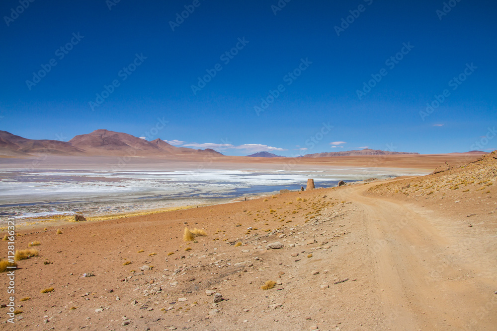 Desert and mountain over blue sky and white clouds on Altiplano,Bolivia Chile 