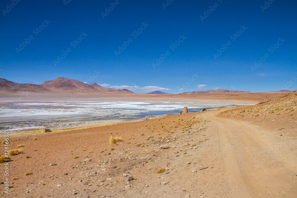Desert and mountain over blue sky and white clouds on Altiplano,Bolivia Chile Desert and mountain over blue sky and white clouds on Altiplano,Bolivia Chile