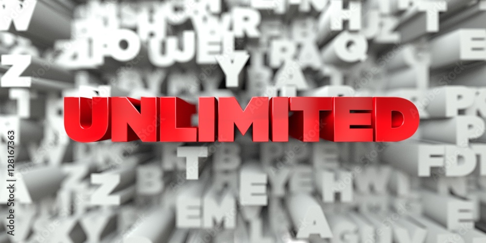 UNLIMITED -  Red text on typography background - 3D rendered royalty free stock image. This image can be used for an online website banner ad or a print postcard.