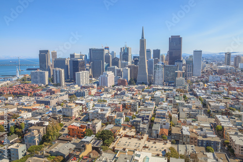 Aerial view of San Francisco Financial District and Transamerica Pyramid from the top of Coit Tower on sunny day, California, United States.