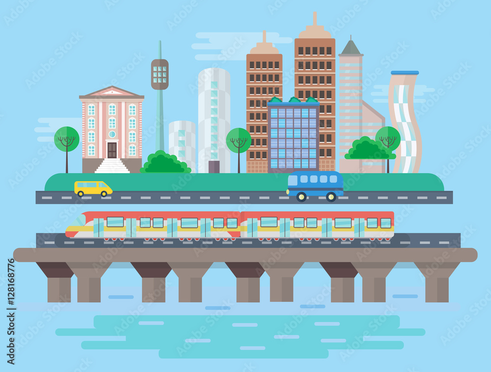 Naklejka premium Vector Urban modern city landscape flat concept illustration. Smart city subway, cars, buildings and skyscrapers. Cityscape landscape.