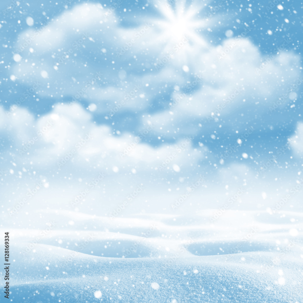 Fototapeta premium Zima w tle. Zimowy krajobraz zaspy i błękitne niebo z chmurami