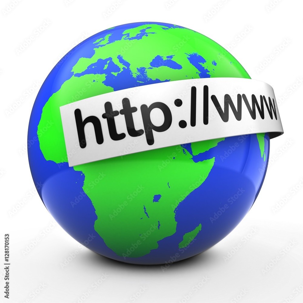 3d illustration of world globe over white  with internet address text on white banner