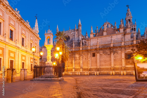 Plaza del Triunfo, Cathedral of Saint Mary and General Archive of the Indies in Seville at night, Andalusia, Spain