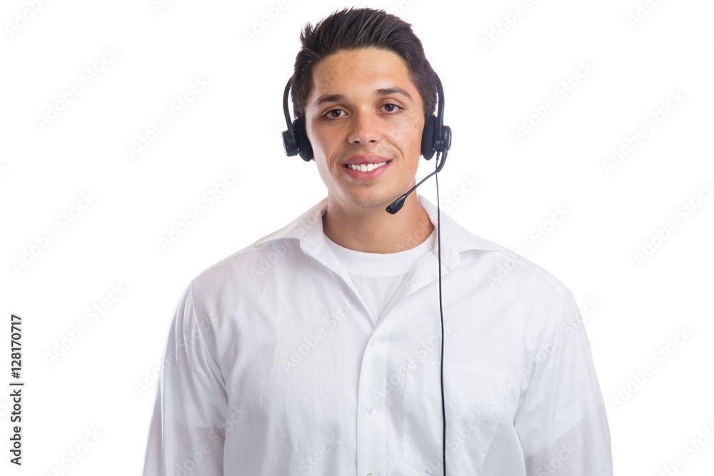Junger Mann mit Headset Telefon Call Center Agent Portrait Busin Junger Mann mit Headset Telefon Call Center Agent Portrait Busin