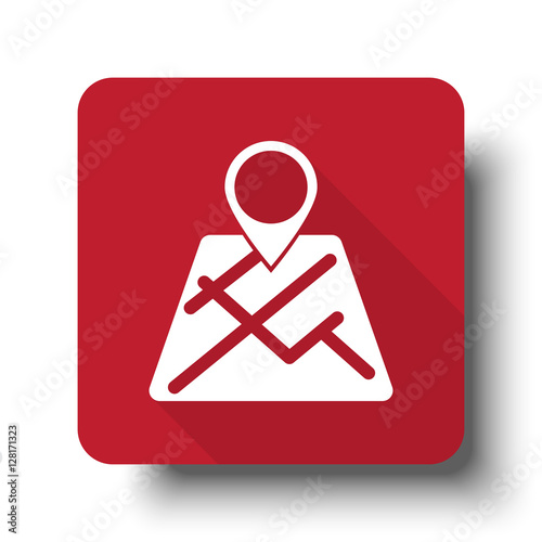 Flat Map Pointer web icon on red button with drop shadow