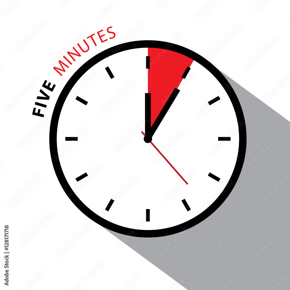 Five Minutes Clock. Stopwatch Countdown. Vector Clock Face Isolated on White Background. Five Minutes Clock. Stopwatch Countdown. Vector Clock Face Isolated on White Background.