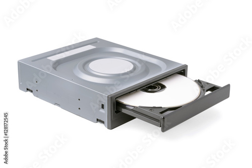 opened drive CD - DVD - Blu Ray with a black cap and disk, white background